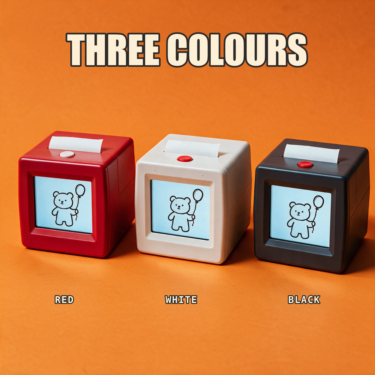 The printer in red, white and black side by side