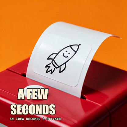 A freshly printed rocket sticker curling out of the top slot, in a few seconds
