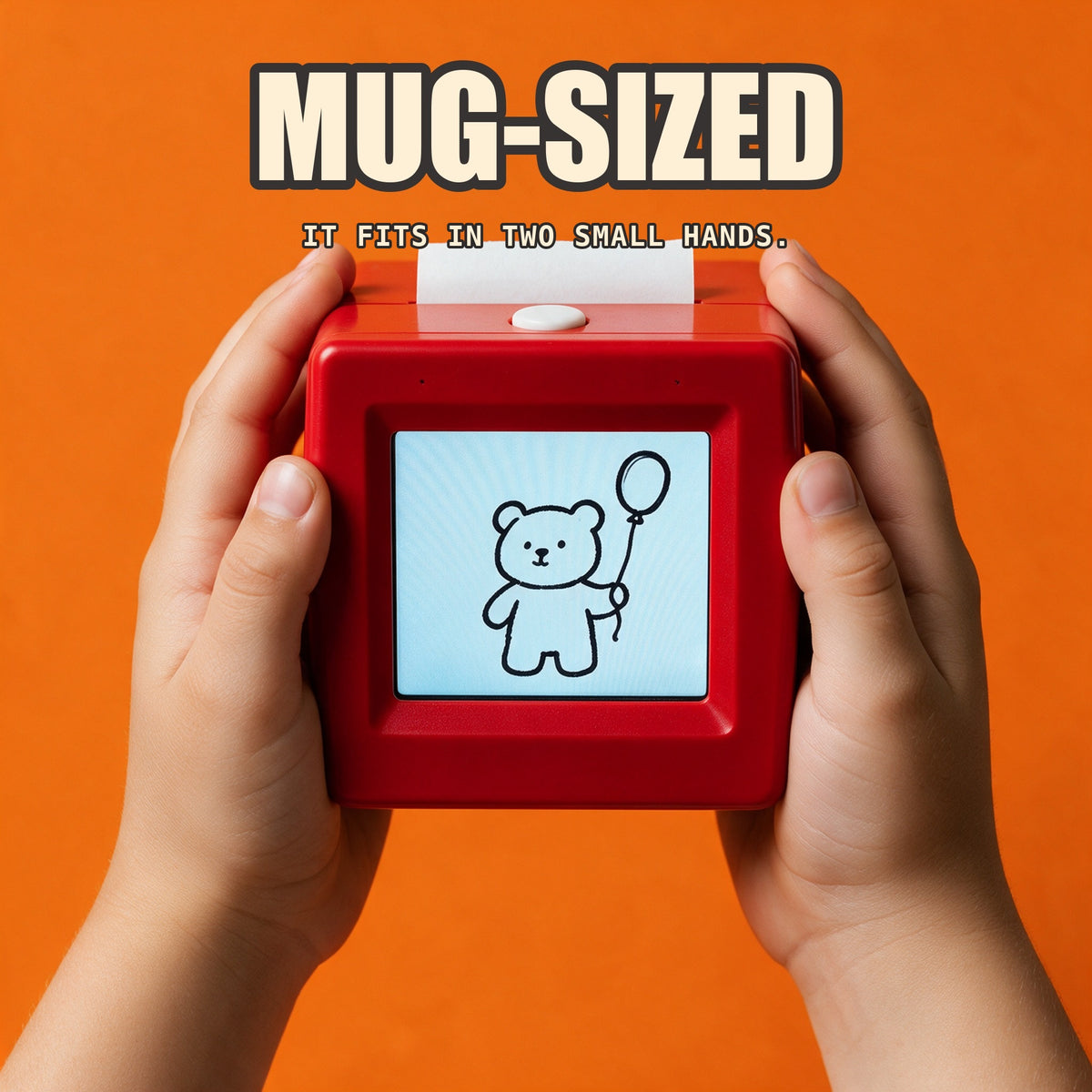 A child's hands holding the printer, about the size of a mug