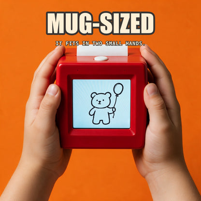 A child's hands holding the printer, about the size of a mug