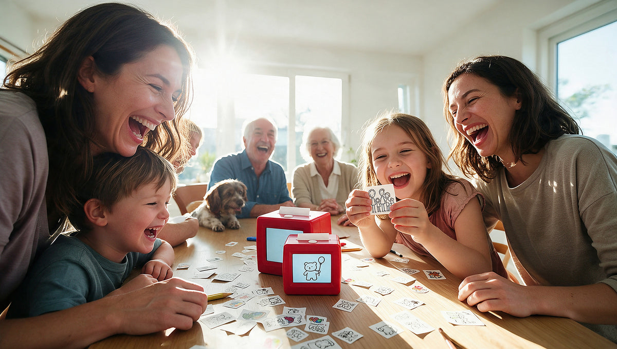 A family laughing around a sunlit table, the girl holding up a printed drawing of the whole family