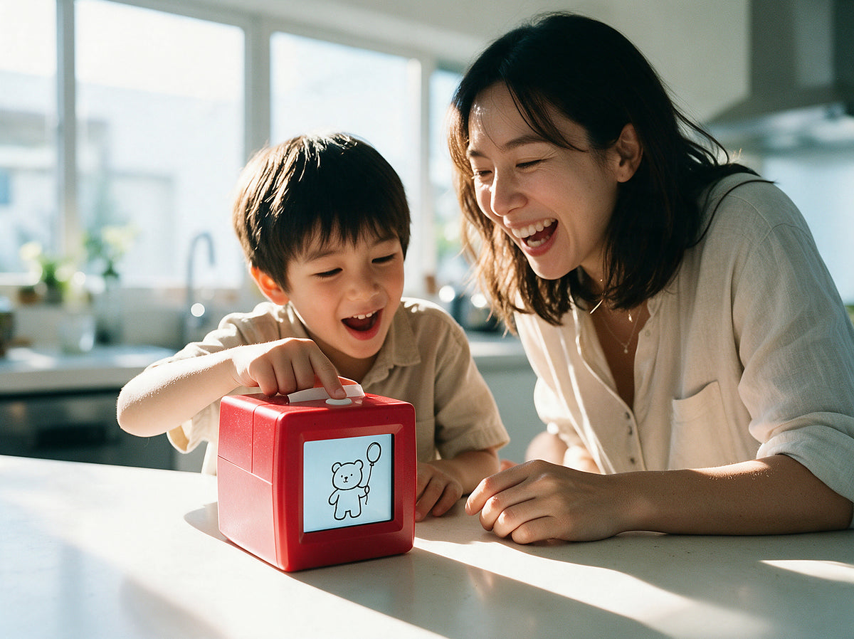 A boy pressing the button and saying an idea out loud in a sunlit kitchen
