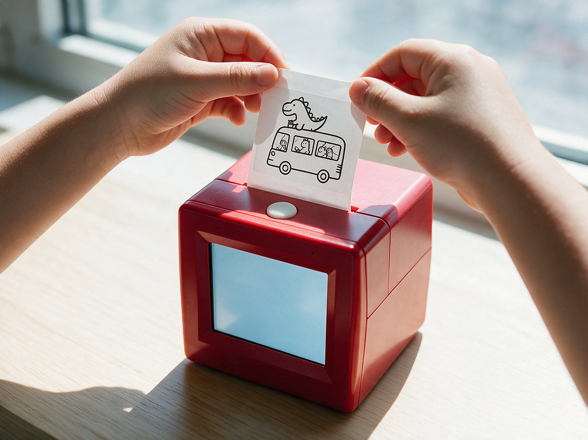 A sticker standing up out of the slot on the top of the printer as two small hands reach for it