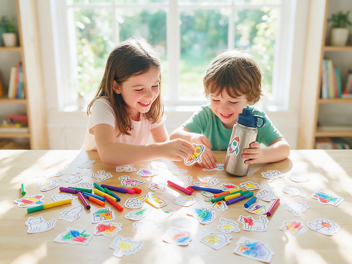 Two children colouring in printed stickers at a sunlit table