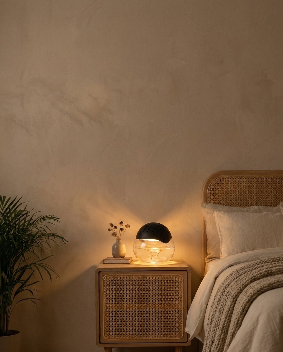 Mist Orb glowing on a cane nightstand in a warm bedroom, vertical mobile crop