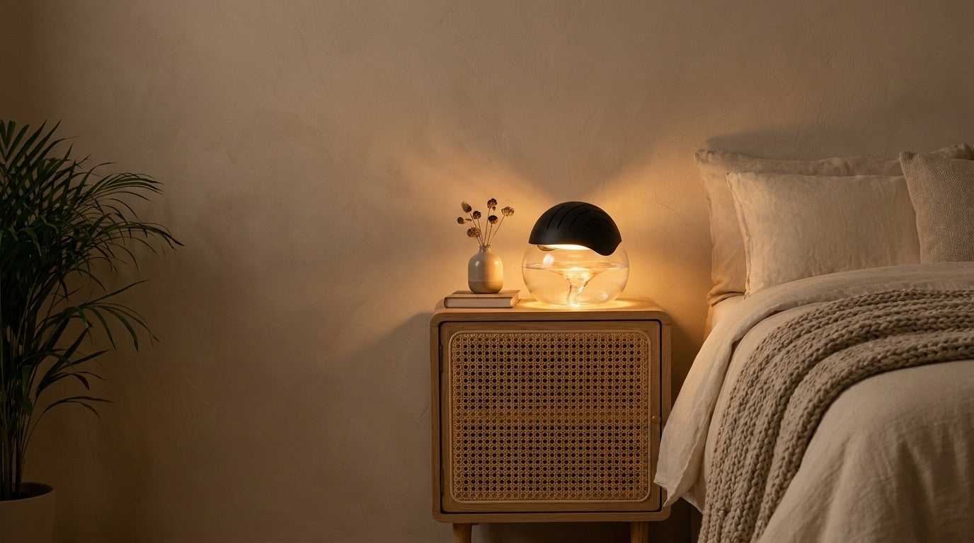 Mist Orb glowing on a cane nightstand in a warm bedroom at night