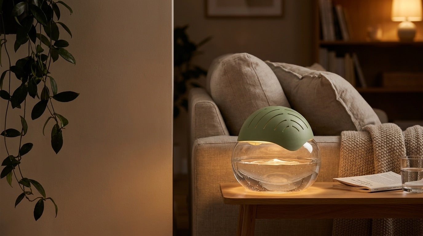 Sage green Mist Orb glowing on a side table in a warm living room at night