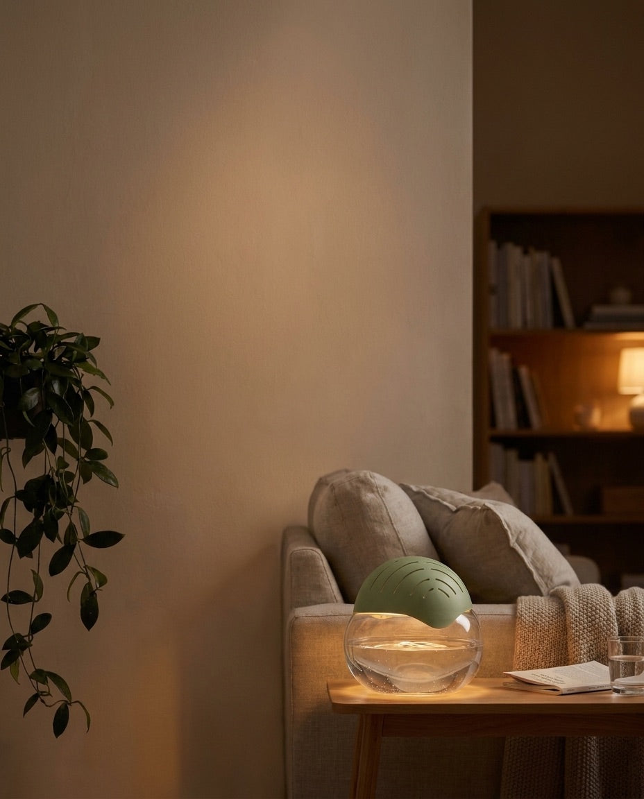 Sage green Mist Orb glowing on a living room side table, vertical mobile crop
