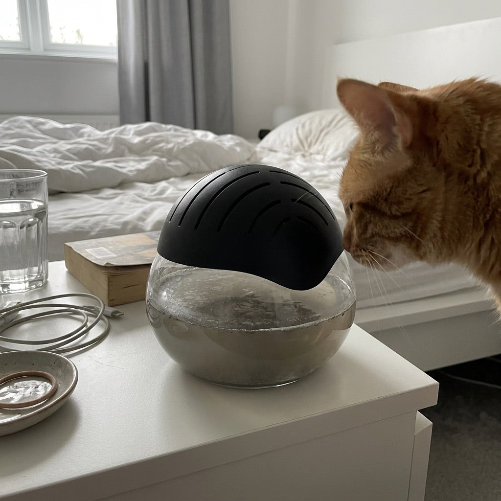 Cat sniffing a Mist Orb on a bedside table, water inside clouded grey