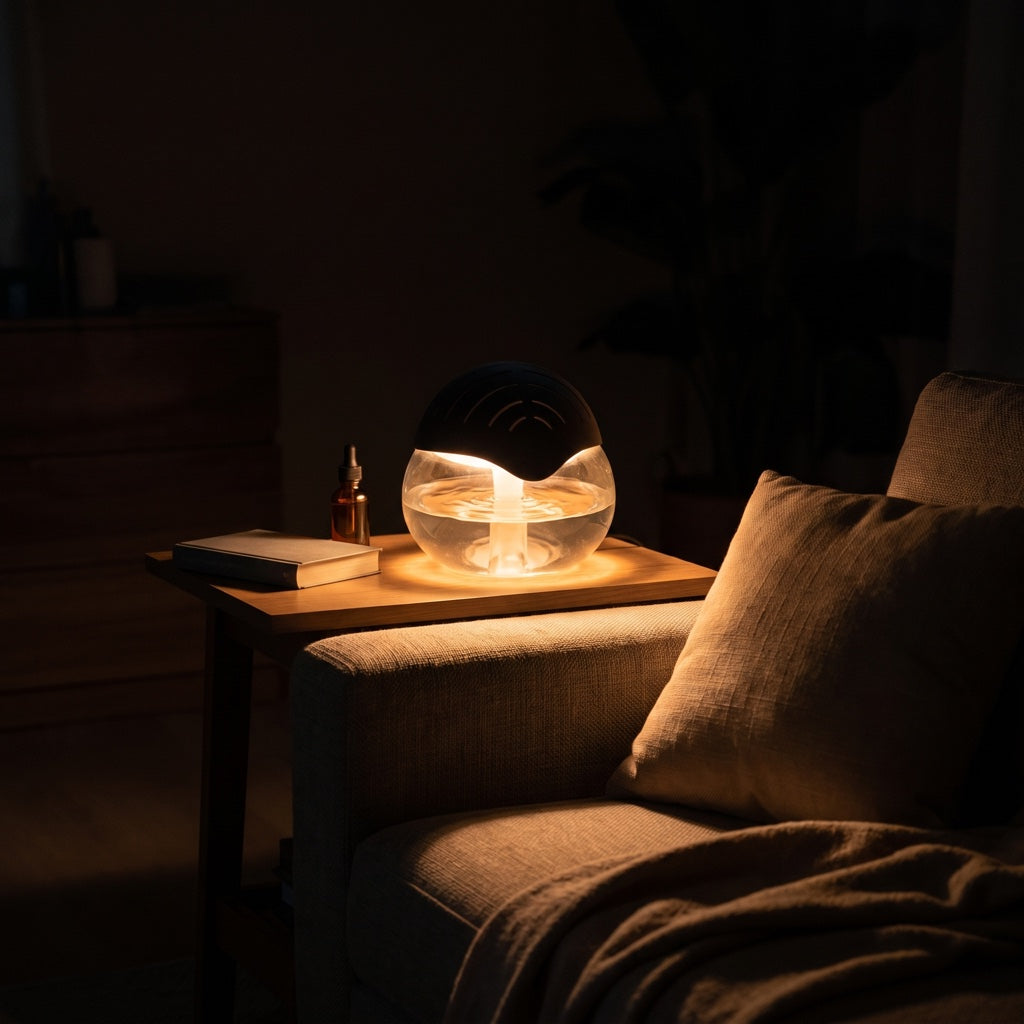 Mist Orb glowing on a side table beside a sofa