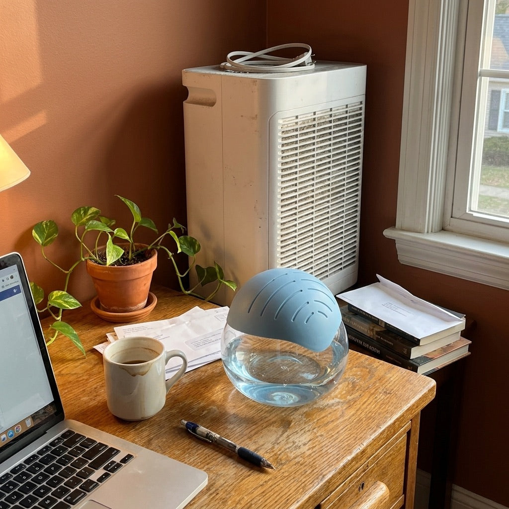 Sky blue Mist Orb on a warm oak desk with an unplugged dusty HEPA purifier retired in the corner